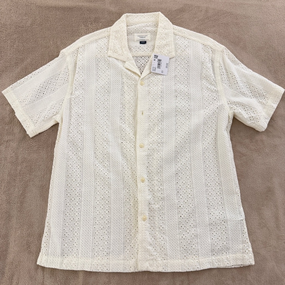 Men's Cream Short Sleeve Button Down Camp Collar
